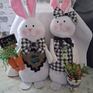 Pair of Decorative Plush Bunny Dolls - White with Black Gingham Accents